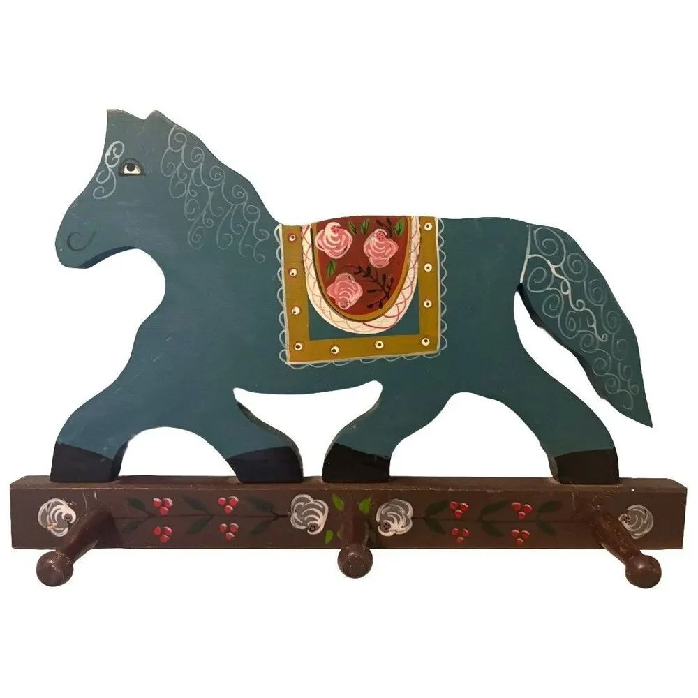 Vintage Folk Art Wood Wall Peg Rack Blue Horse Farm Scene Hand Painted 3 Peg